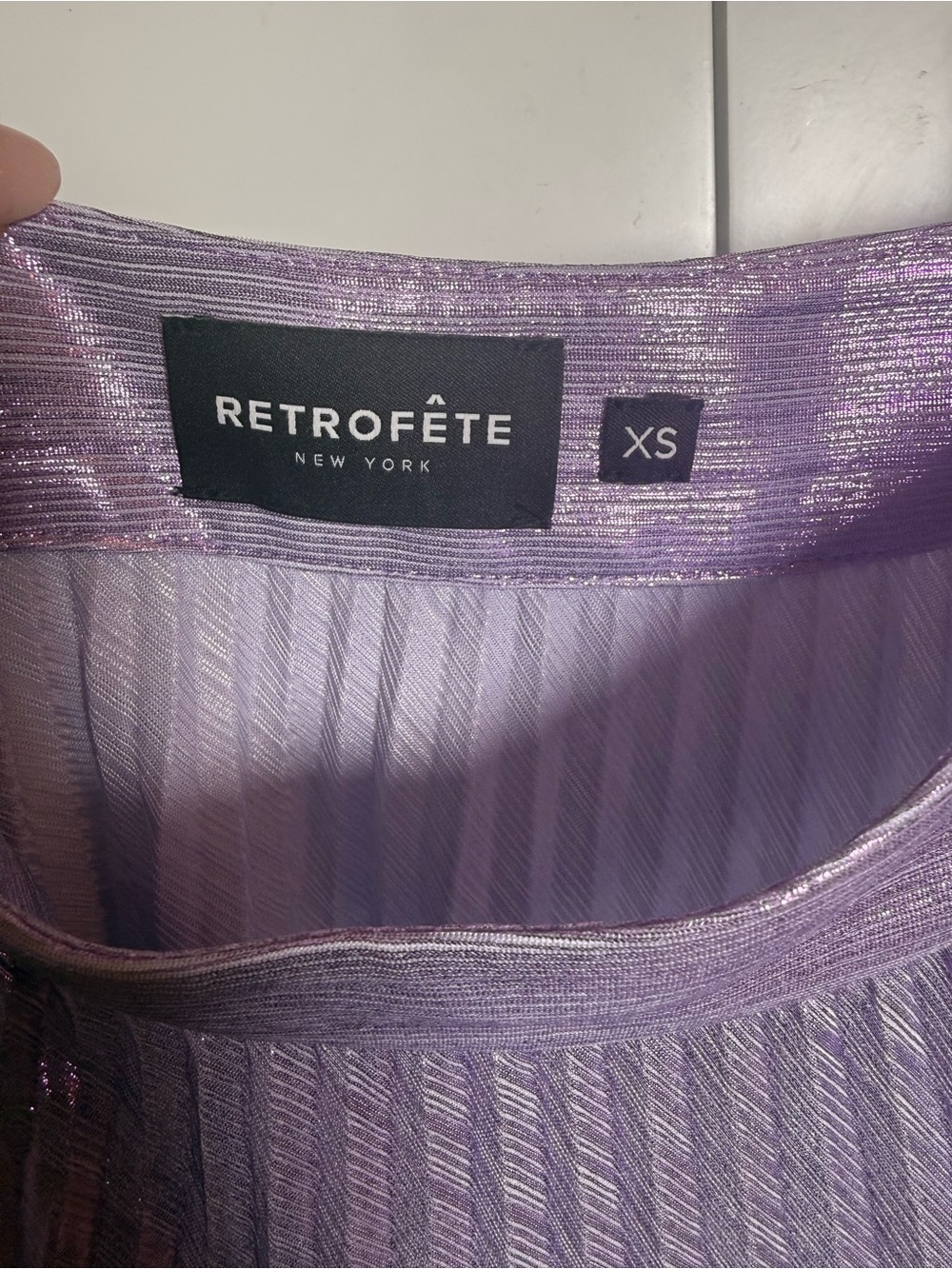 Retrofete Metallic Lavender Pleated Maxi Skirt with High Slit HEMMED 3 inches - Picture 3 of 7